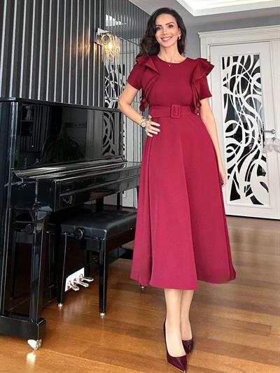 Bordo Kolları Katlı Kemerli Elbise