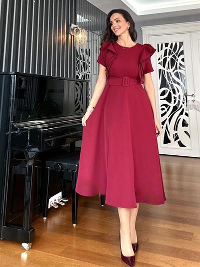 Bordo Kolları Katlı Kemerli Elbise
