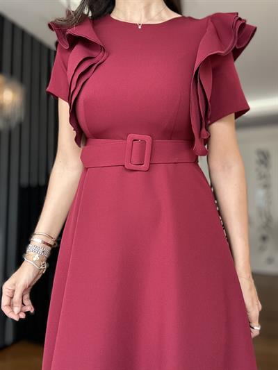 Bordo Kolları Katlı Kemerli Elbise