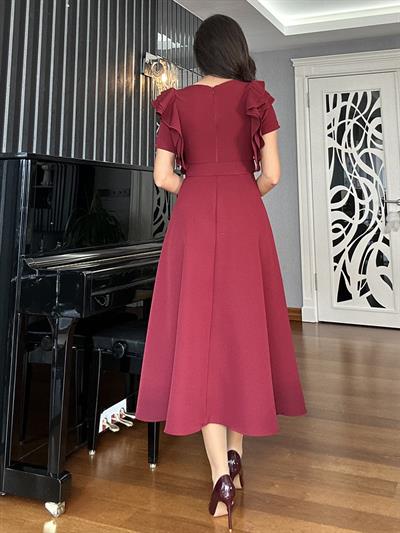 Bordo Kolları Katlı Kemerli Elbise