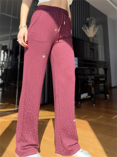 Bordo Komple Taşlı Palazzo Eşofman Altı