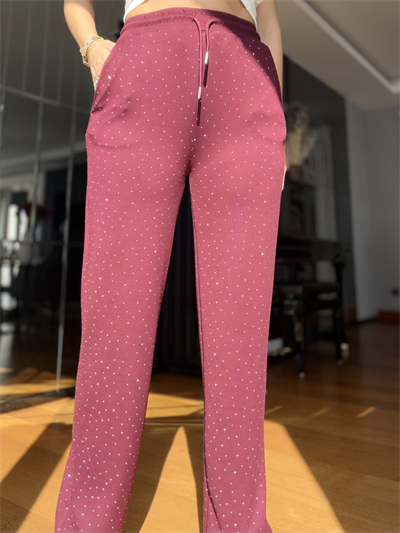Bordo Komple Taşlı Palazzo Eşofman Altı