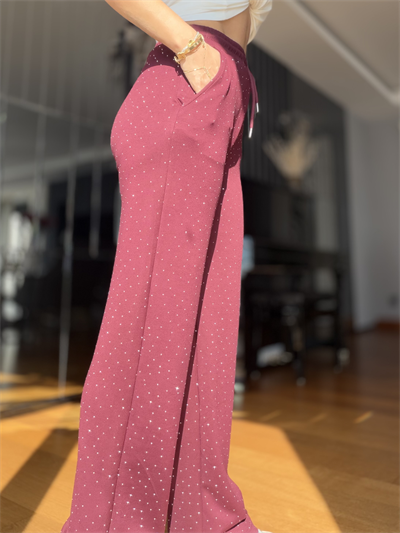 Bordo Komple Taşlı Palazzo Eşofman Altı