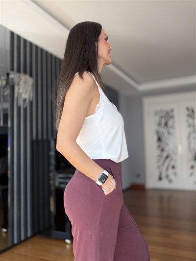 Bordo Likralı Çımalı Tensel Pantolon