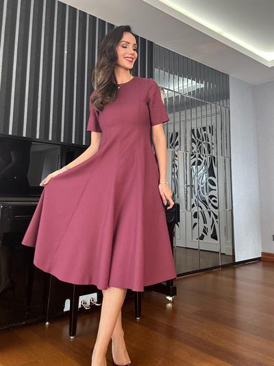 Bordo Belden Oturtmalı Volanlı  Elbise