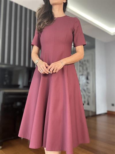 Bordo Belden Oturtmalı Volanlı  Elbise