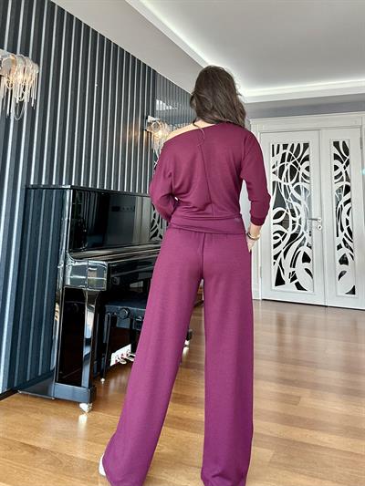 Bordo Modal Kayık Yaka Bluz Pantolon Takım