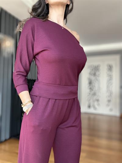 Bordo Modal Kayık Yaka Bluz Pantolon Takım