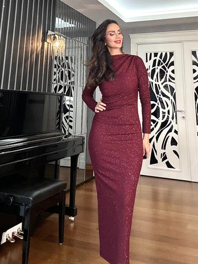 Bordo Pırıltılı Elbise