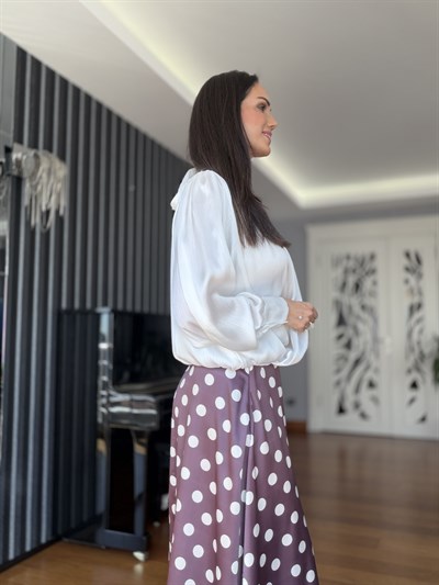 Bordo Puantiyeli Saten Etek