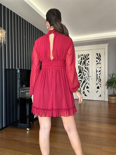Bordo Şifon Mini Elbise