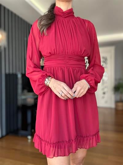 Bordo Şifon Mini Elbise