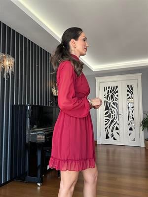 Bordo Şifon Mini Elbise