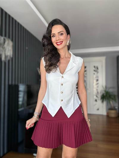 Bordo Sık Piliseli Mini Etek