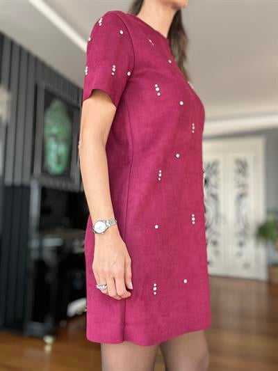 Bordo Taşlı Süet  Elbise