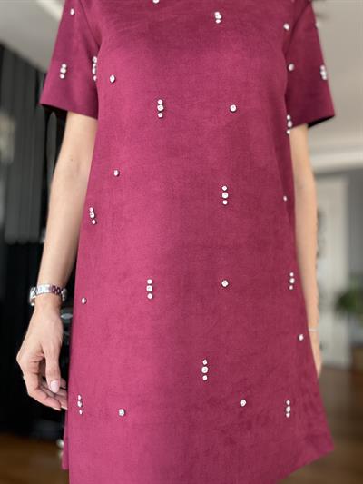 Bordo Taşlı Süet  Elbise