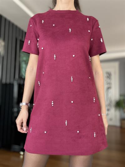 Bordo Taşlı Süet  Elbise