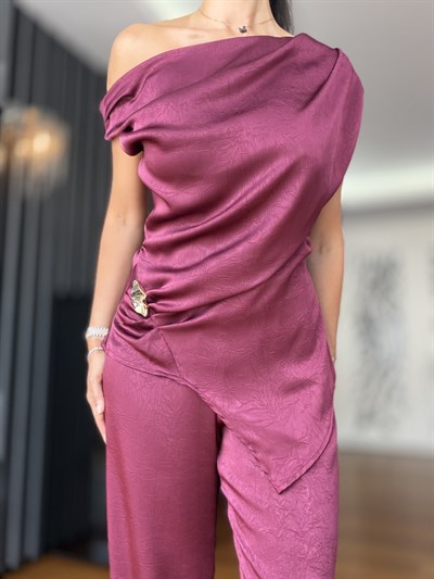 Bordo Toka Detaylı Beli Lastikli Saten Takım