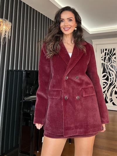 Bordo Tüylü Kaşe Oversize Ceket