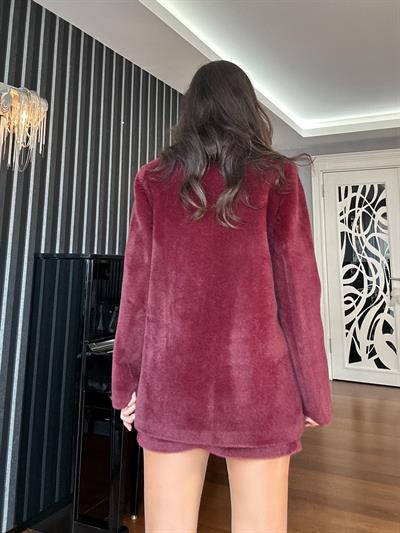 Bordo Tüylü Kaşe Oversize Ceket