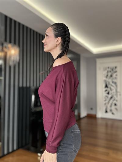 Bordo Uzun Kollu Geniş Yaka Bluz