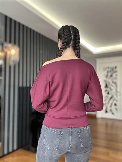 Bordo Uzun Kollu Geniş Yaka Bluz
