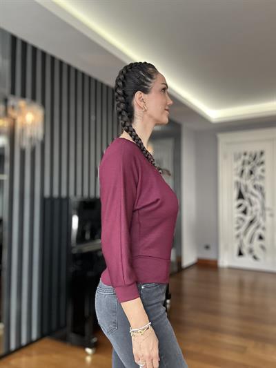 Bordo Uzun Kollu Geniş Yaka Bluz