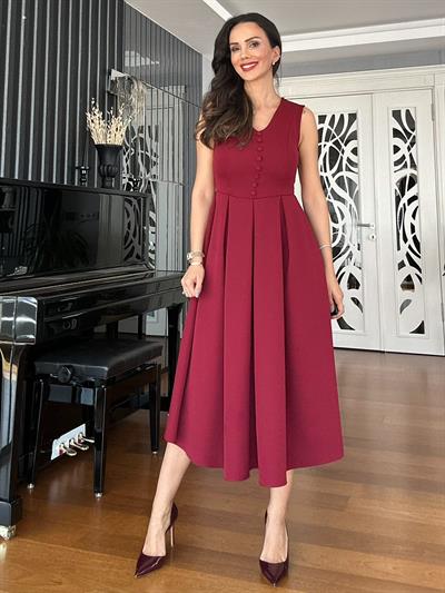 Bordo V Yaka Düğmeli Midi Elbise