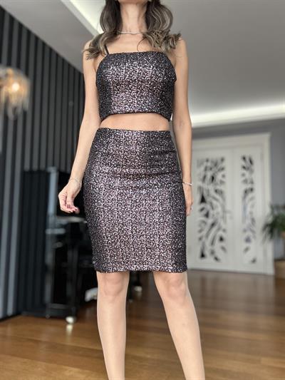 Bordo Ve Gümüş Pullu Kalem Etek Askılı Crop Takım