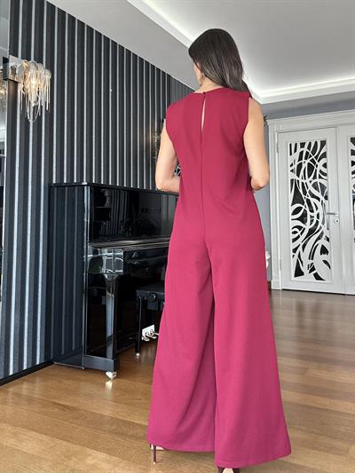 Bordo Yakası Taşlı Kurdele Detaylı Tulum