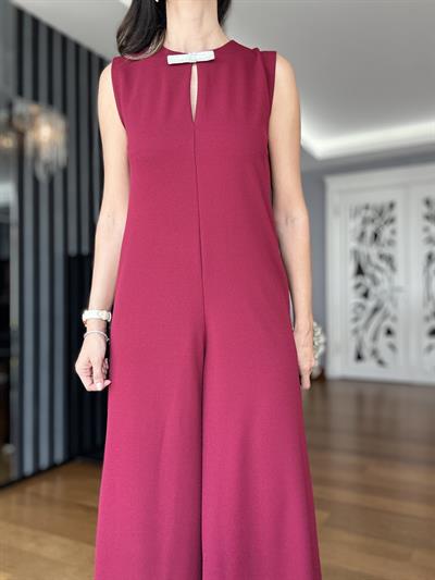 Bordo Yakası Taşlı Kurdele Detaylı Tulum