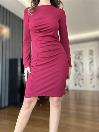 Bordo Yan Kırmalı Midi Elbise