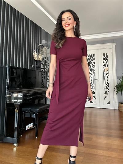 Bordo Yandan Bağlamalı Modal Elbise