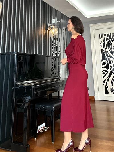 Bordo Yarasa Kol Dökümlü Şık Elbise