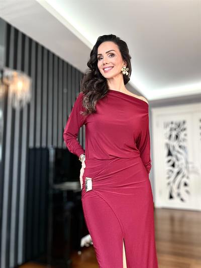 Bordo Yarasa Kol Dökümlü Şık Elbise
