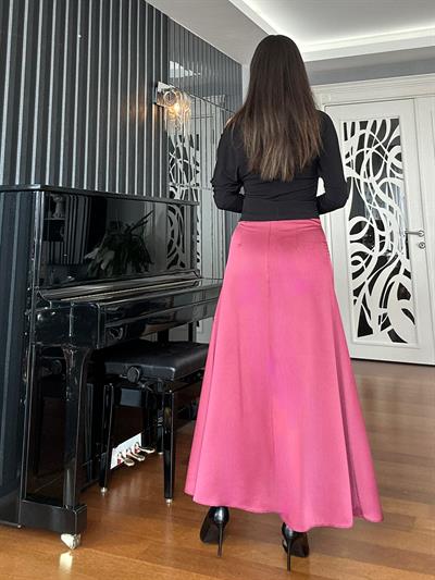 Bordo Yırtmacı Dantelli Uzun Saten Etek