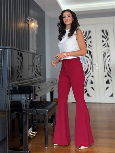 Bordo Yüksek Bel Flare Pantolon
