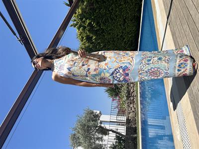 Boyundan Bağlamalı Çok Renkli Uzun Elbise