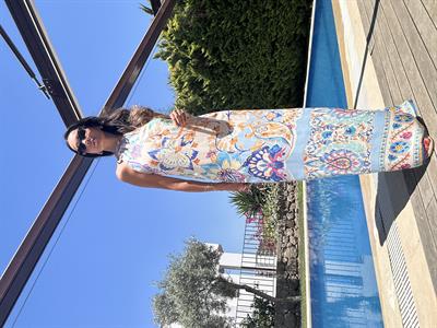 Boyundan Bağlamalı Çok Renkli Uzun Elbise