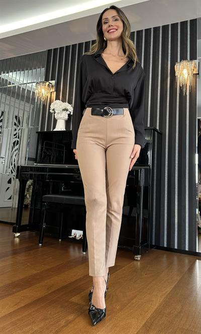 Camel Dar Kesim Kemerli Pantolon