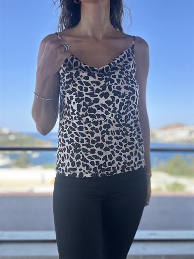 Degaje Yaka Askılı Leopar Bluz