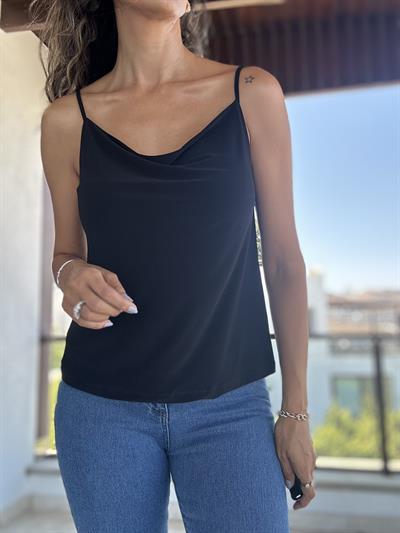 Degaje Yaka Askılı Siyah Bluz