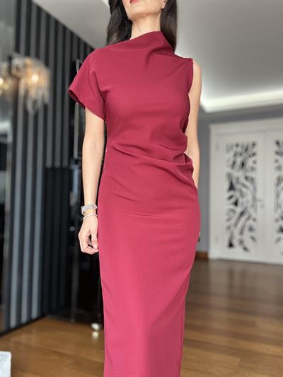 Drape Detaylı Yırtmaçlı Bordo Elbise