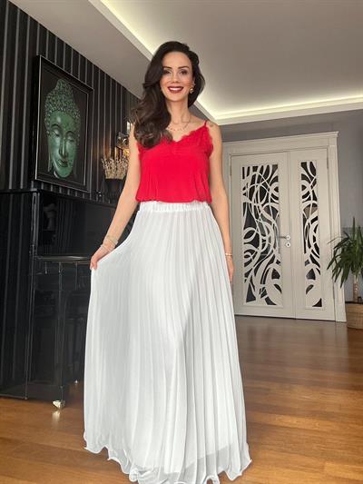 Ekru Beli Lastikli Şifon Piliseli  Maxi Etek