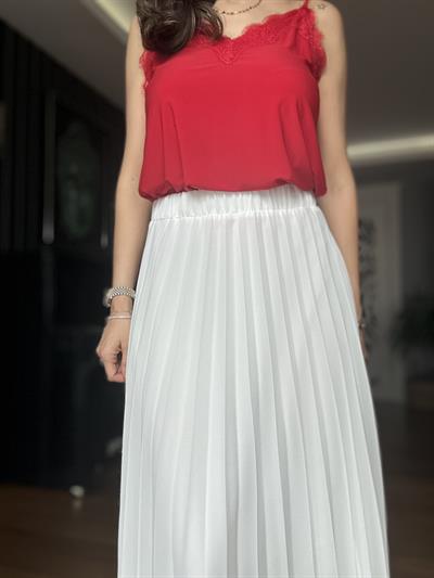 Ekru Beli Lastikli Şifon Piliseli  Maxi Etek