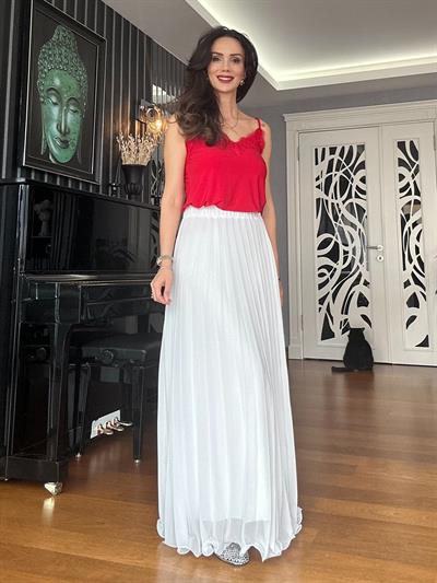 Ekru Beli Lastikli Şifon Piliseli  Maxi Etek