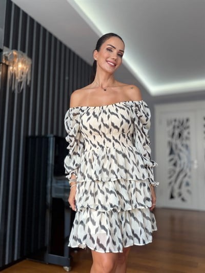 Ekru Eteği Katlı Şifon Elbise