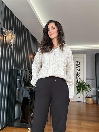Ekru Fermuarlı Saç Örgü Triko Kazak