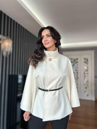 Ekru Kemerli Kaşe Panço