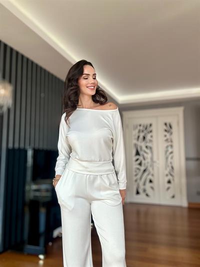 Ekru Modal Kayık Yaka Bluz Pantolon Takım
